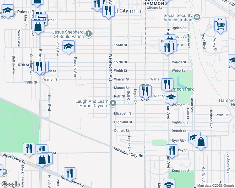 map of restaurants, bars, coffee shops, grocery stores, and more near 945 Wentworth Avenue in Calumet City