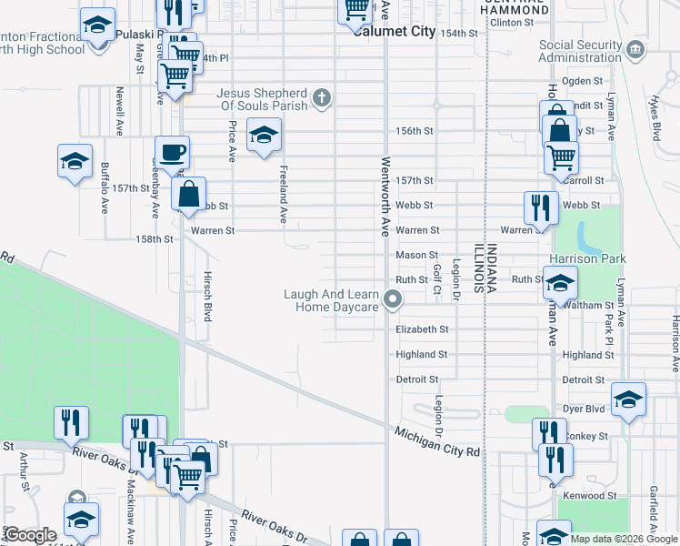 map of restaurants, bars, coffee shops, grocery stores, and more near 300 Ruth Street in Calumet City
