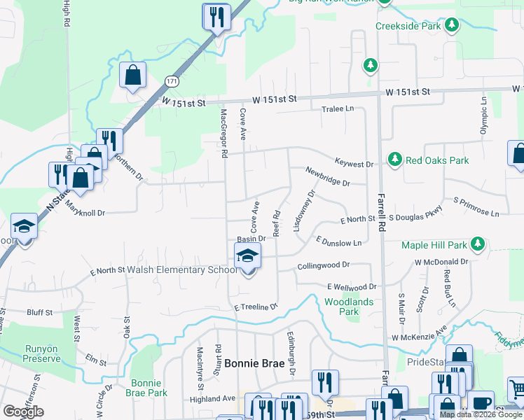 map of restaurants, bars, coffee shops, grocery stores, and more near 711 Reef Road in Lockport