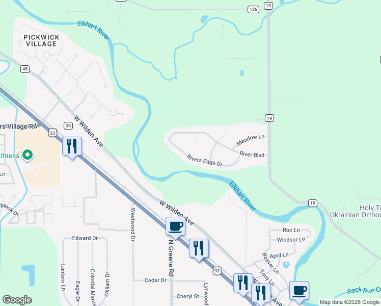 map of restaurants, bars, coffee shops, grocery stores, and more near 20945 Rivers Edge Drive in Goshen