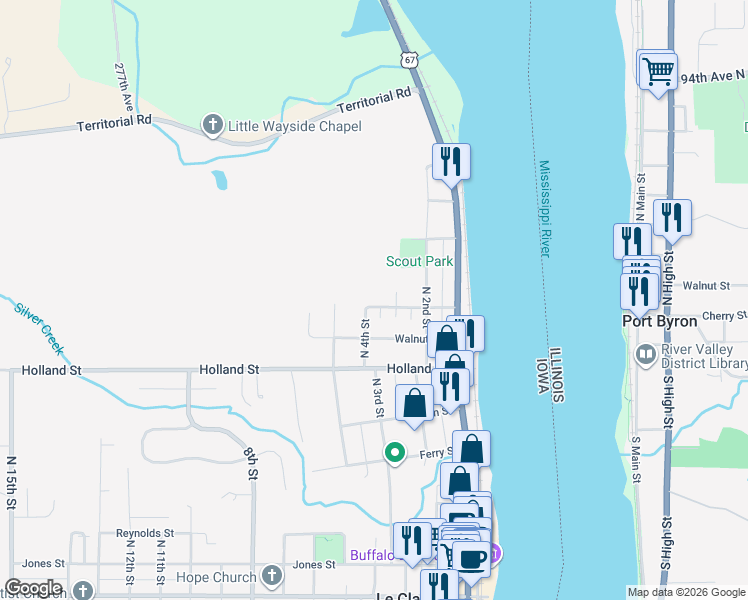 map of restaurants, bars, coffee shops, grocery stores, and more near 325 Chestnut St in Le Claire