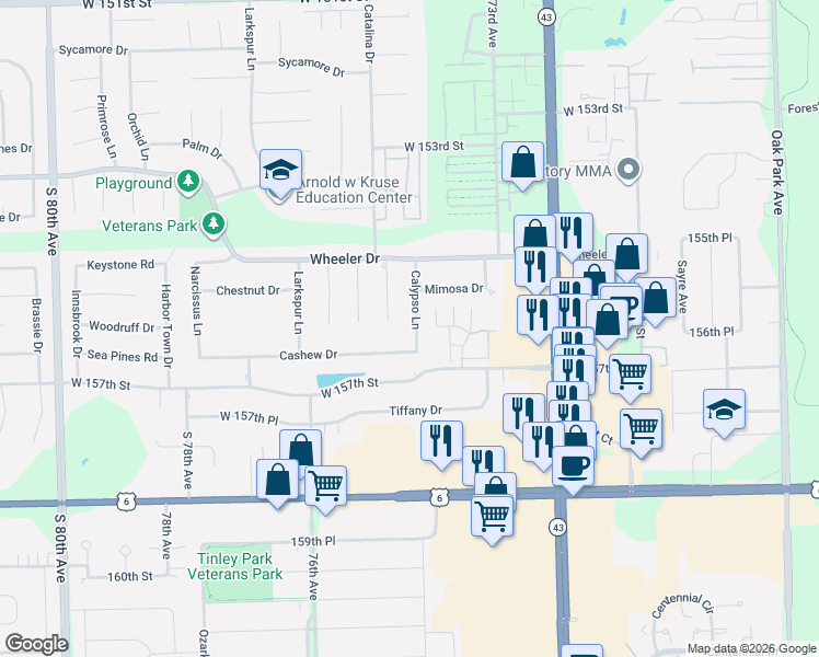 map of restaurants, bars, coffee shops, grocery stores, and more near 15635 Calypso Lane in Orland Park