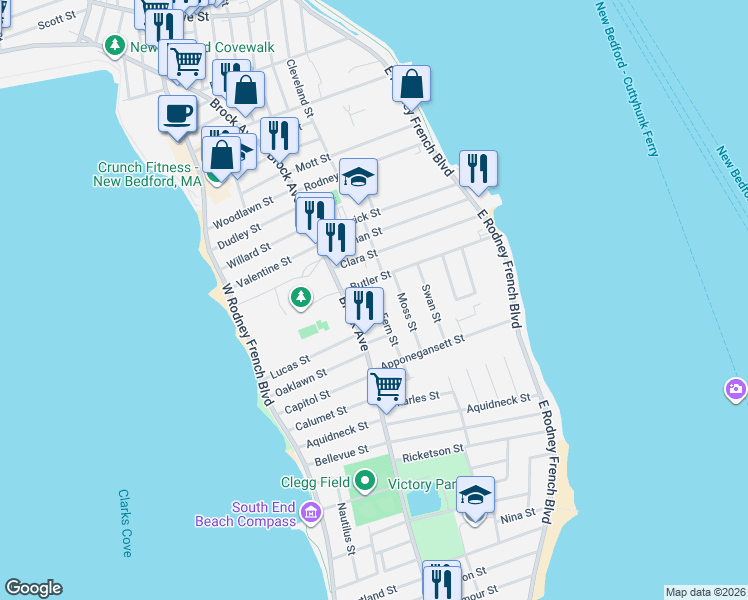 map of restaurants, bars, coffee shops, grocery stores, and more near in New Bedford