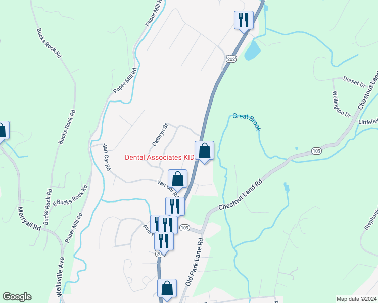 map of restaurants, bars, coffee shops, grocery stores, and more near 80 Belair Drive in New Milford