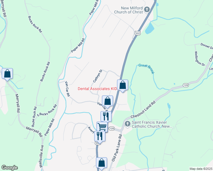 map of restaurants, bars, coffee shops, grocery stores, and more near 105 Belair Drive in New Milford