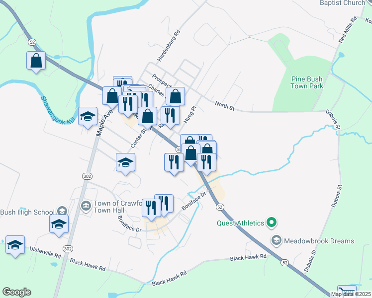 map of restaurants, bars, coffee shops, grocery stores, and more near 2444 New York 52 in Pine Bush