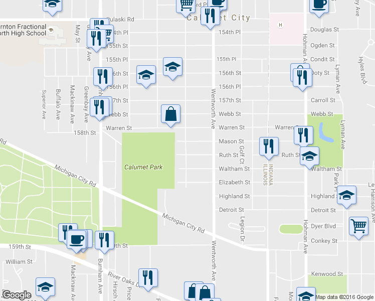 map of restaurants, bars, coffee shops, grocery stores, and more near 300 Ruth Street in Calumet City