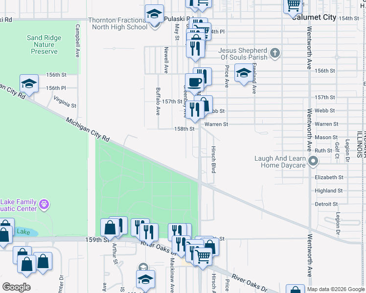 map of restaurants, bars, coffee shops, grocery stores, and more near 948 Greenbay Avenue in Calumet City