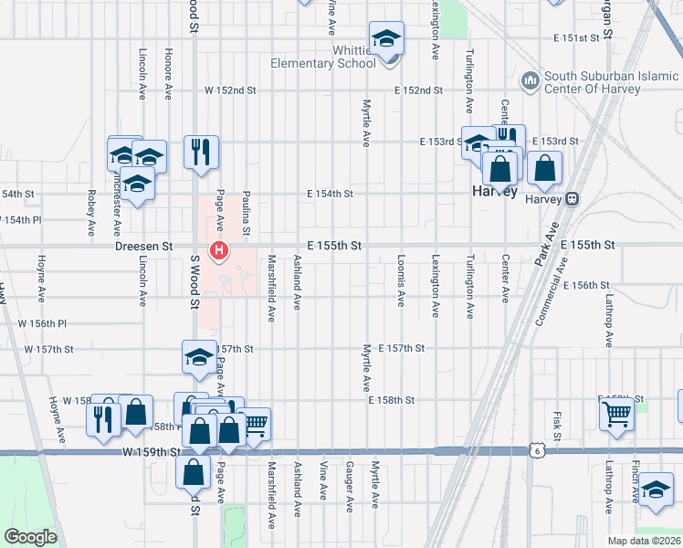 map of restaurants, bars, coffee shops, grocery stores, and more near 15531 Vine Avenue in Harvey
