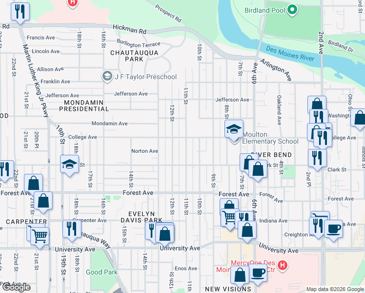 map of restaurants, bars, coffee shops, grocery stores, and more near 1531 11th Street in Des Moines