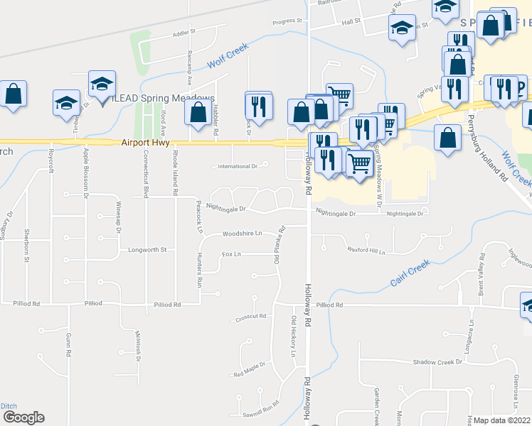 map of restaurants, bars, coffee shops, grocery stores, and more near 7315 Nightingale Dr in Holland