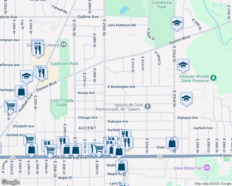 map of restaurants, bars, coffee shops, grocery stores, and more near 2936 Kinsey Avenue in Des Moines