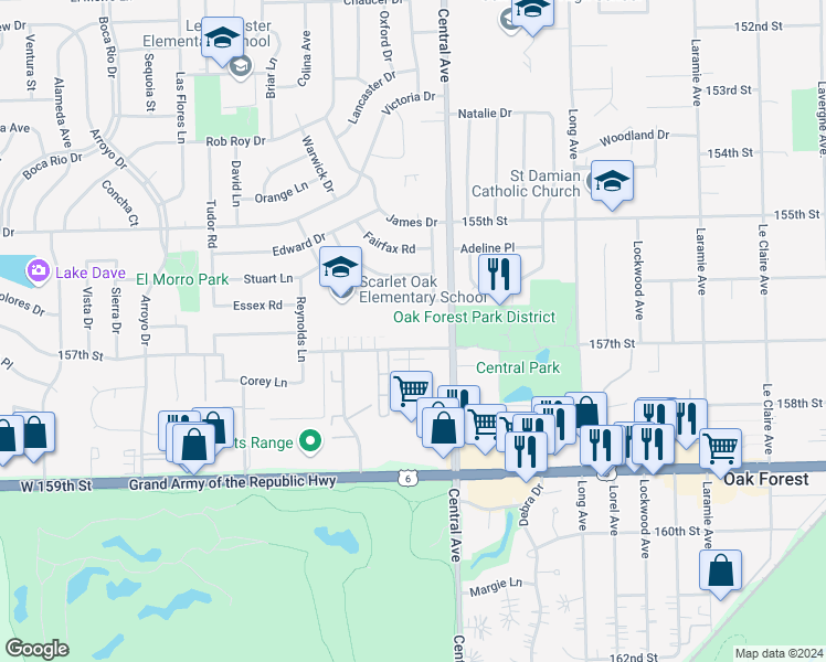 map of restaurants, bars, coffee shops, grocery stores, and more near 5624 Independence Avenue in Oak Forest