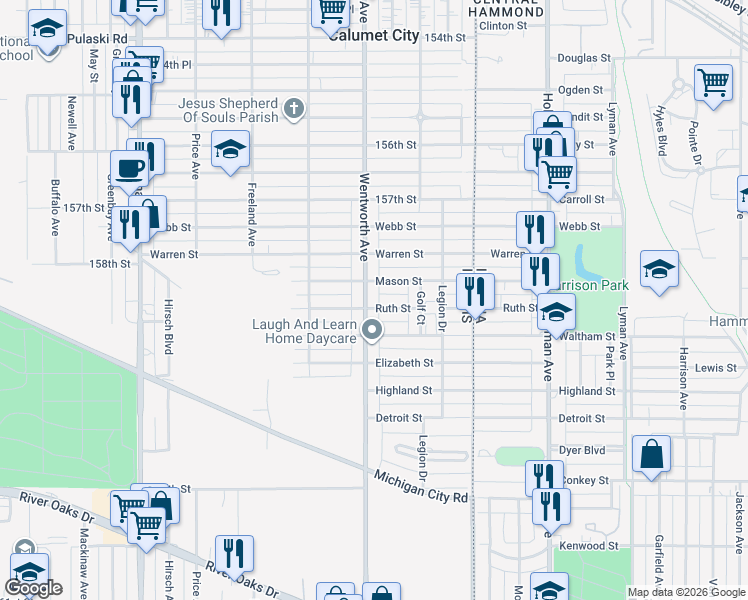 map of restaurants, bars, coffee shops, grocery stores, and more near 945 Wentworth Avenue in Calumet City