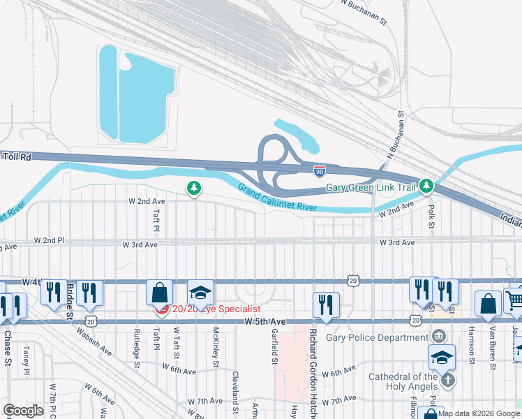 map of restaurants, bars, coffee shops, grocery stores, and more near 1828 West 2nd Avenue in Gary