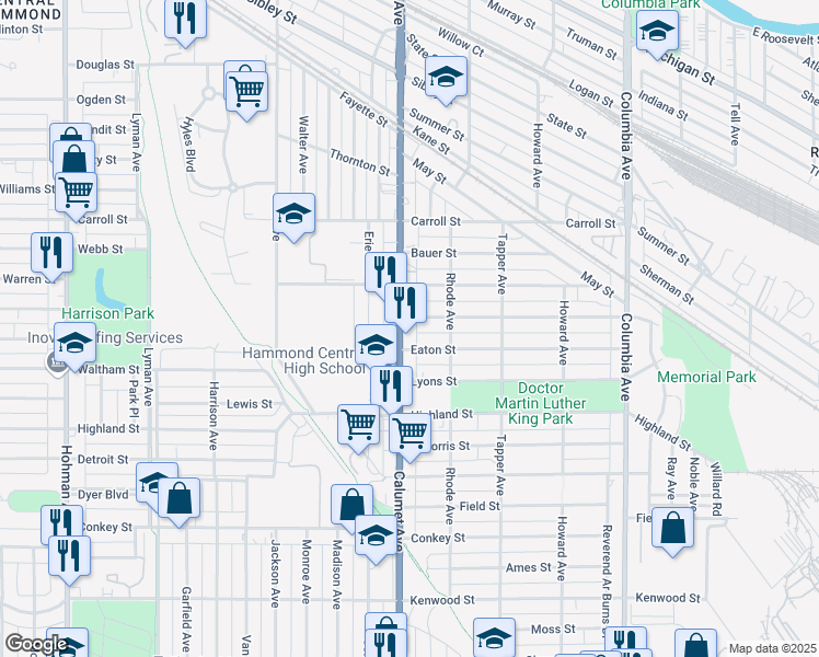 map of restaurants, bars, coffee shops, grocery stores, and more near 5835 Calumet Avenue in Hammond