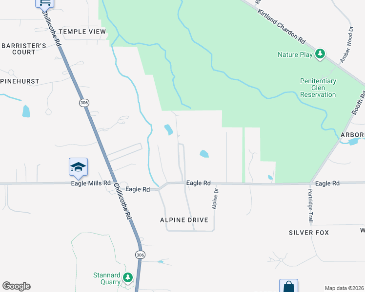 map of restaurants, bars, coffee shops, grocery stores, and more near 8341 Eagle Road in Kirtland