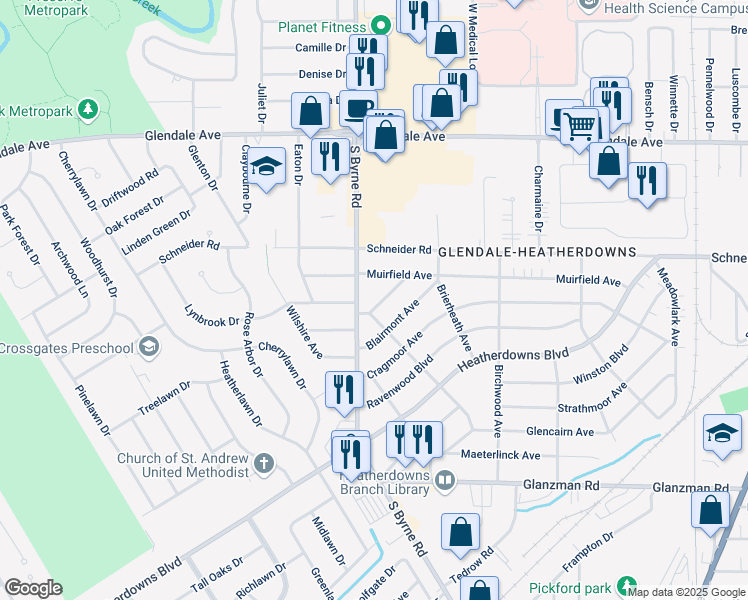 map of restaurants, bars, coffee shops, grocery stores, and more near 3450 Radisson Avenue in Toledo