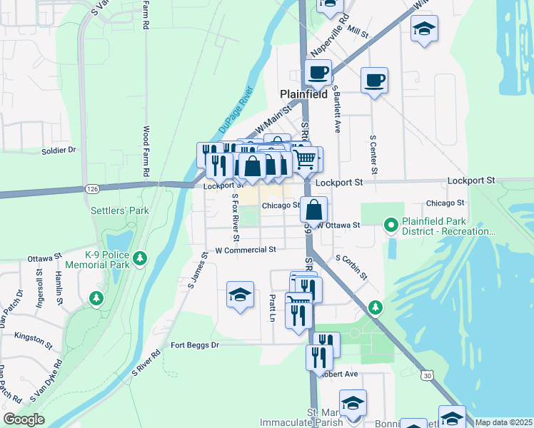 map of restaurants, bars, coffee shops, grocery stores, and more near 15127 S Des Plaines St in Plainfield