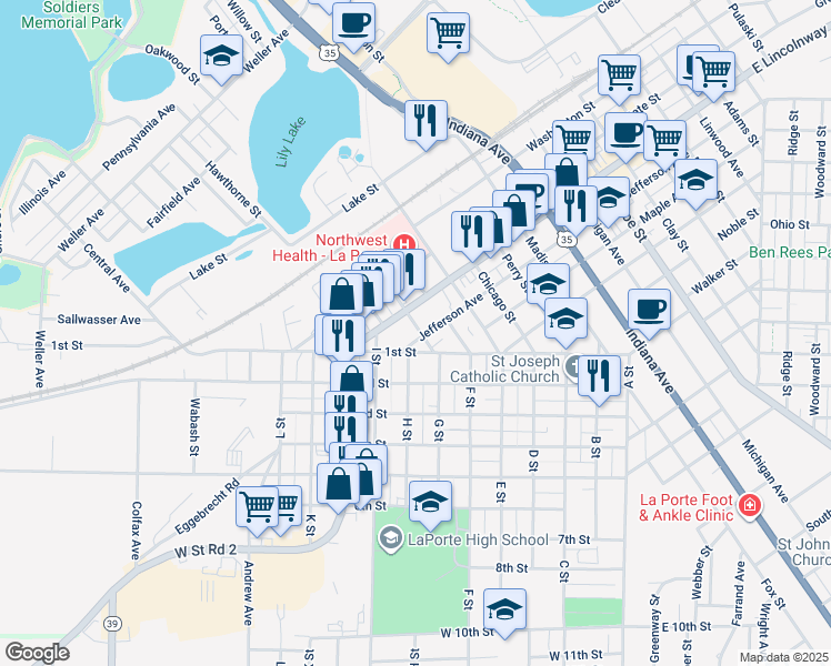 map of restaurants, bars, coffee shops, grocery stores, and more near 716 Teegarden Street in La Porte