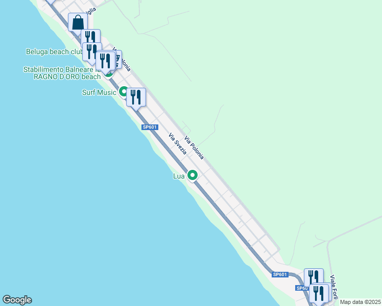 map of restaurants, bars, coffee shops, grocery stores, and more near 172 Via Svezia in Torvaianica