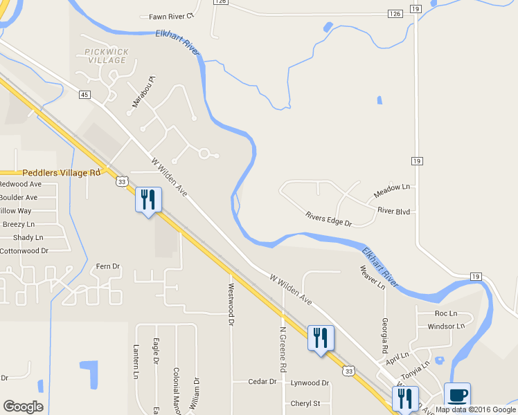 map of restaurants, bars, coffee shops, grocery stores, and more near 21033 Rivers Edge Drive in Goshen