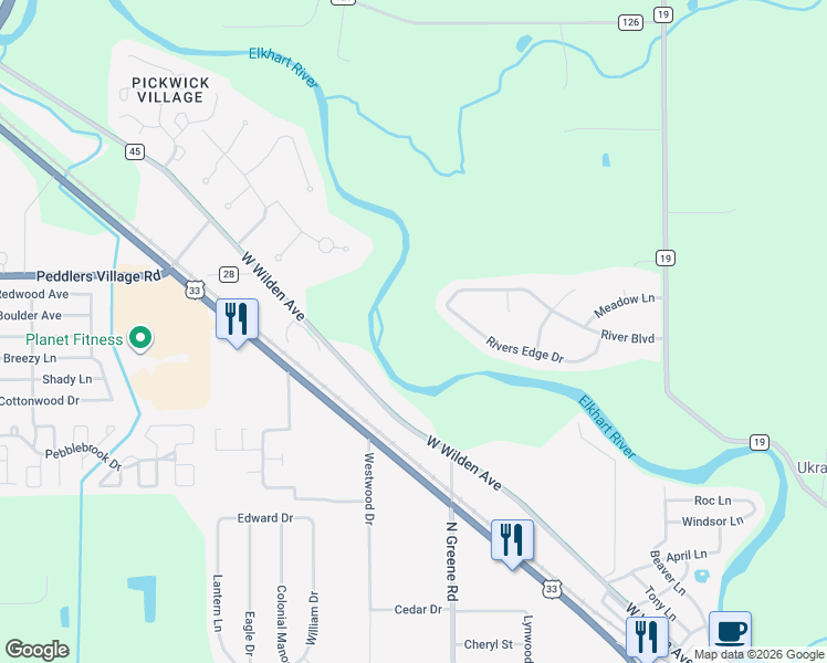 map of restaurants, bars, coffee shops, grocery stores, and more near 21033 Rivers Edge Dr in Goshen
