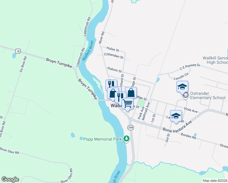map of restaurants, bars, coffee shops, grocery stores, and more near 9 Bridge Street in Wallkill