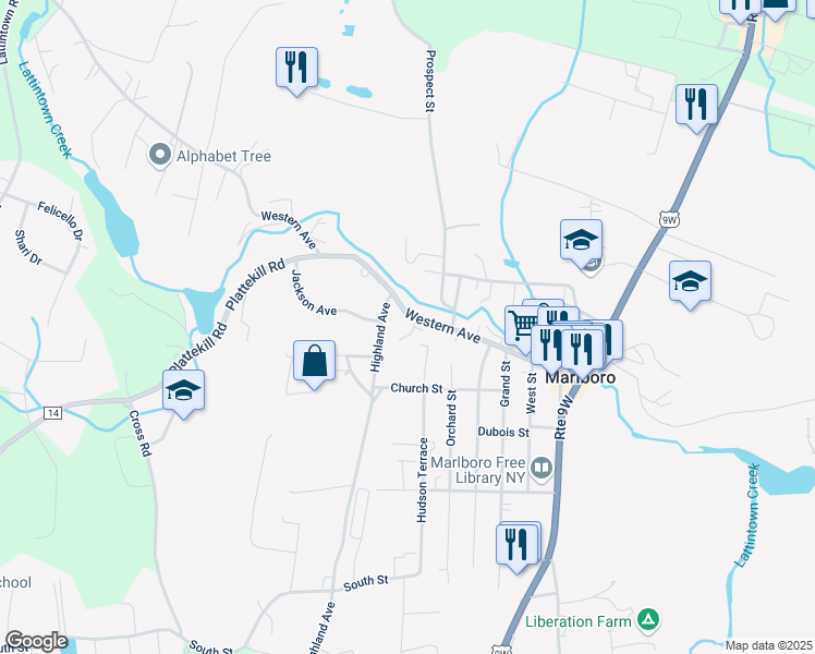 map of restaurants, bars, coffee shops, grocery stores, and more near 67 Western Ave in Marlboro