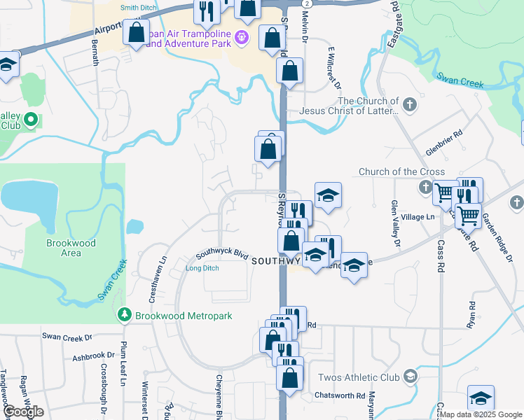 map of restaurants, bars, coffee shops, grocery stores, and more near 1804 South Reynolds Road in Toledo