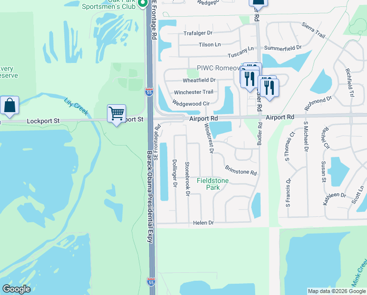 map of restaurants, bars, coffee shops, grocery stores, and more near 443 Dollinger Drive in Romeoville
