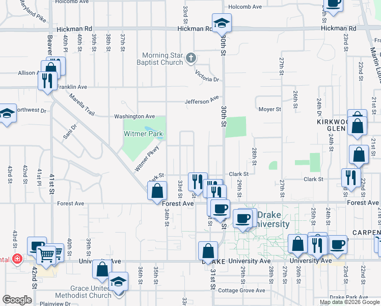 map of restaurants, bars, coffee shops, grocery stores, and more near 1540 32nd Street in Des Moines