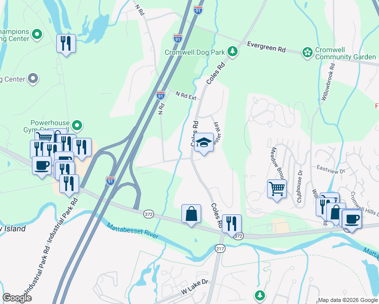 map of restaurants, bars, coffee shops, grocery stores, and more near 35 Coles Road in Cromwell
