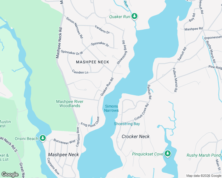 map of restaurants, bars, coffee shops, grocery stores, and more near 38 Quaker Run Road in Mashpee