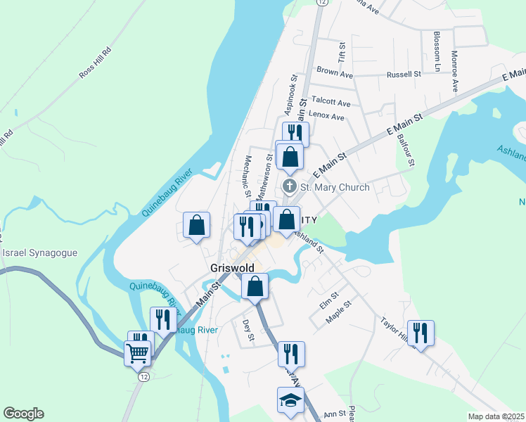 map of restaurants, bars, coffee shops, grocery stores, and more near 18 Tracy Avenue in Griswold