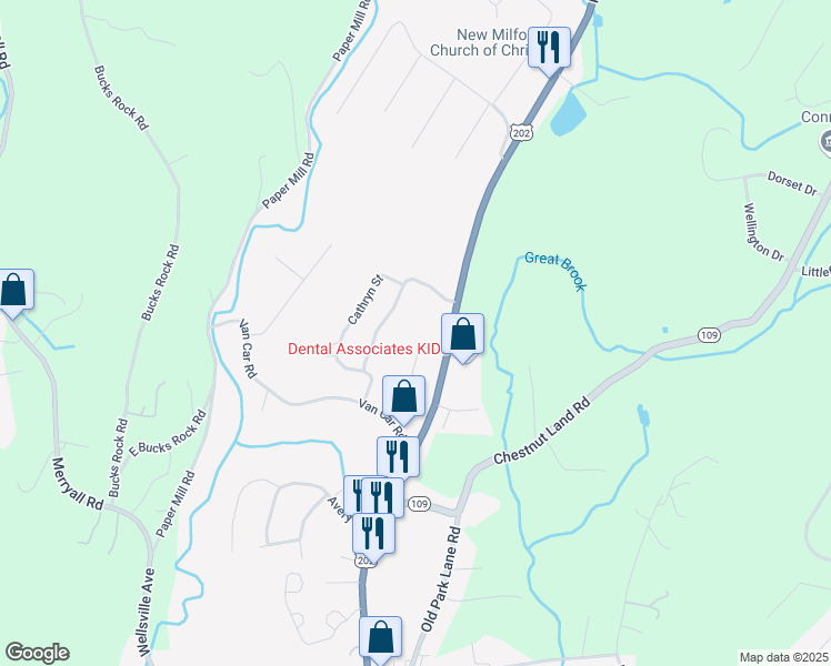 map of restaurants, bars, coffee shops, grocery stores, and more near 105 Belair Drive in New Milford