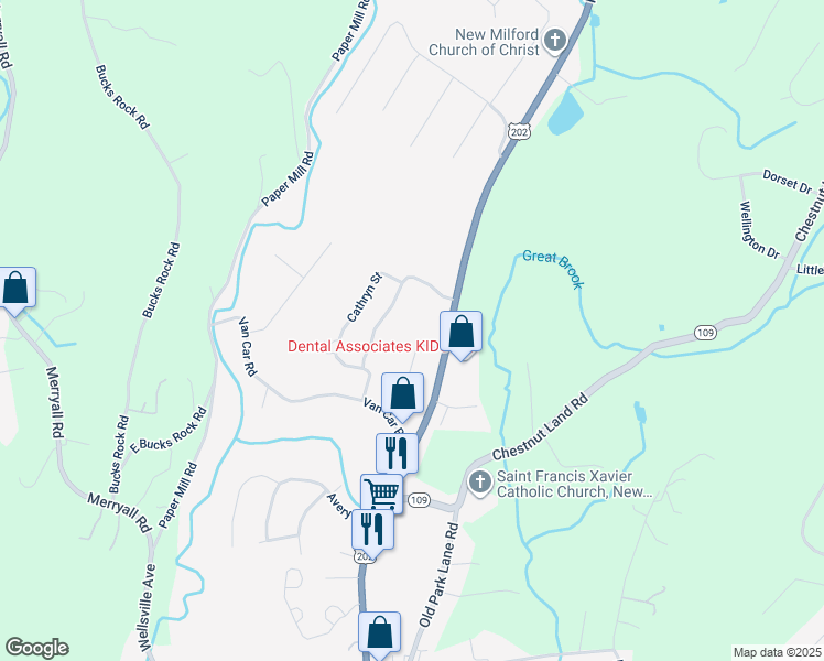 map of restaurants, bars, coffee shops, grocery stores, and more near 105 Belair Drive in New Milford