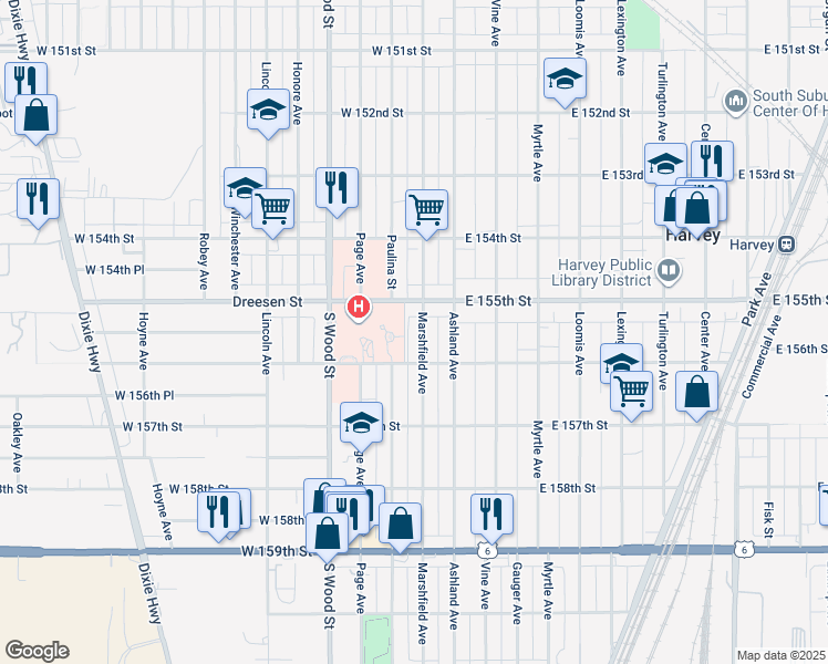 map of restaurants, bars, coffee shops, grocery stores, and more near 15529 Marshfield Avenue in Harvey