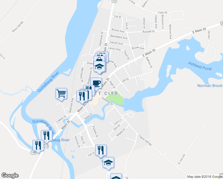 map of restaurants, bars, coffee shops, grocery stores, and more near 38 Hill Street in Griswold