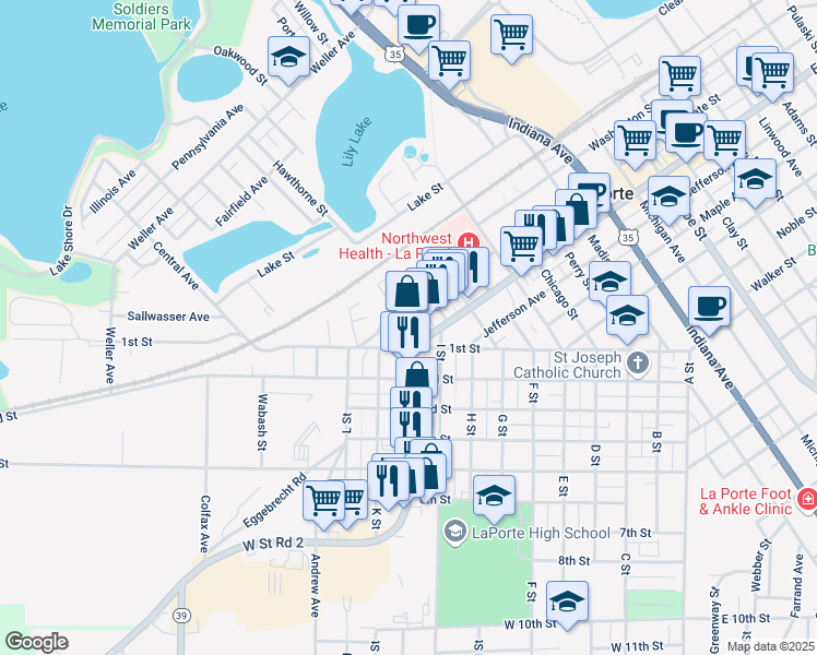 map of restaurants, bars, coffee shops, grocery stores, and more near 1700 Lincolnway in La Porte