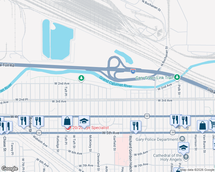 map of restaurants, bars, coffee shops, grocery stores, and more near 1828 W 2nd Ave in Gary