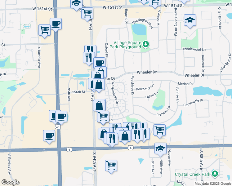 map of restaurants, bars, coffee shops, grocery stores, and more near 9230 Whitehall Lane in Orland Park
