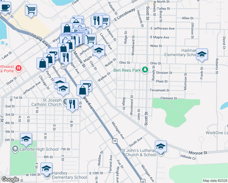 map of restaurants, bars, coffee shops, grocery stores, and more near 102 Ludlow Street in La Porte