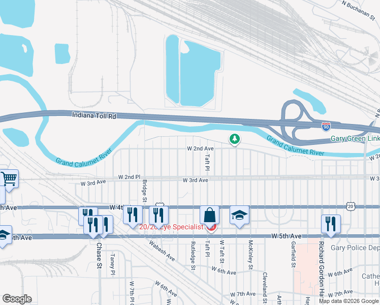map of restaurants, bars, coffee shops, grocery stores, and more near 210 Rutledge Street in Gary