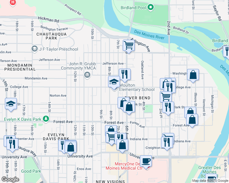 map of restaurants, bars, coffee shops, grocery stores, and more near 1541 8th Street in Des Moines