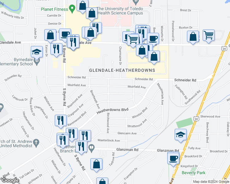 map of restaurants, bars, coffee shops, grocery stores, and more near 3138 Cragmoor Avenue in Toledo