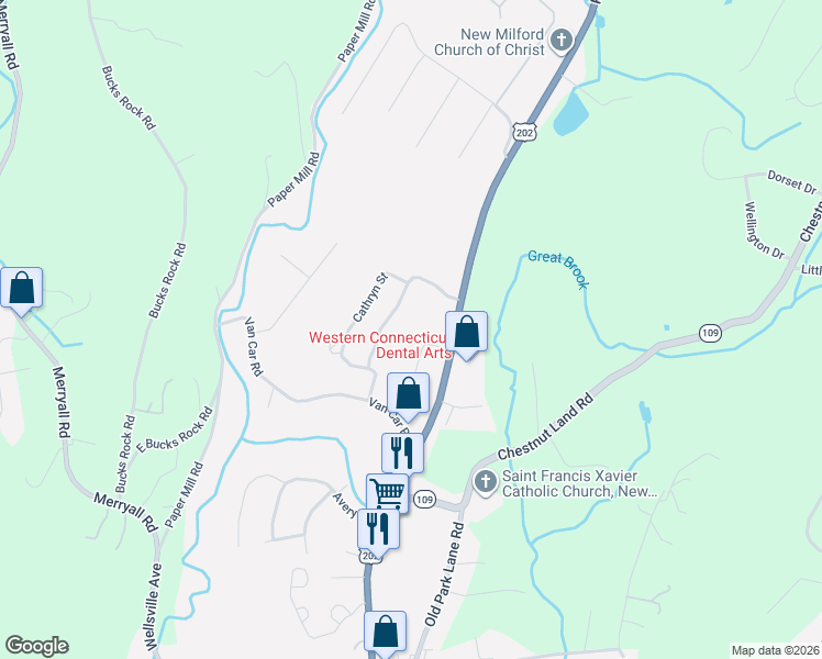 map of restaurants, bars, coffee shops, grocery stores, and more near 105 Belair Drive in New Milford