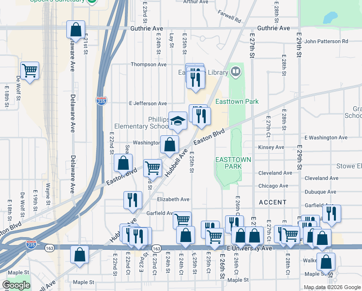 map of restaurants, bars, coffee shops, grocery stores, and more near 2440 Easton Boulevard in Des Moines