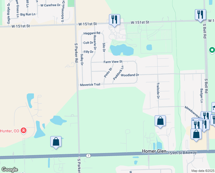 map of restaurants, bars, coffee shops, grocery stores, and more near 13407 Maverick Trail in Homer Glen