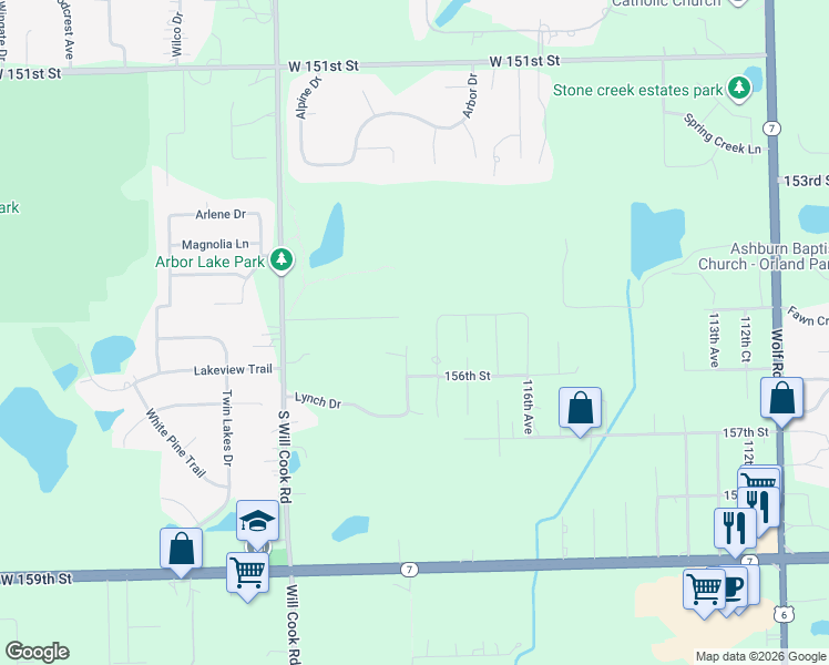 map of restaurants, bars, coffee shops, grocery stores, and more near 15531 118th Avenue in Orland Park